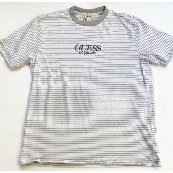 2 Guess Originals T Shirts Mens M White Gray Black Striped Retro Embroidered S/S - Picture 8 of 12